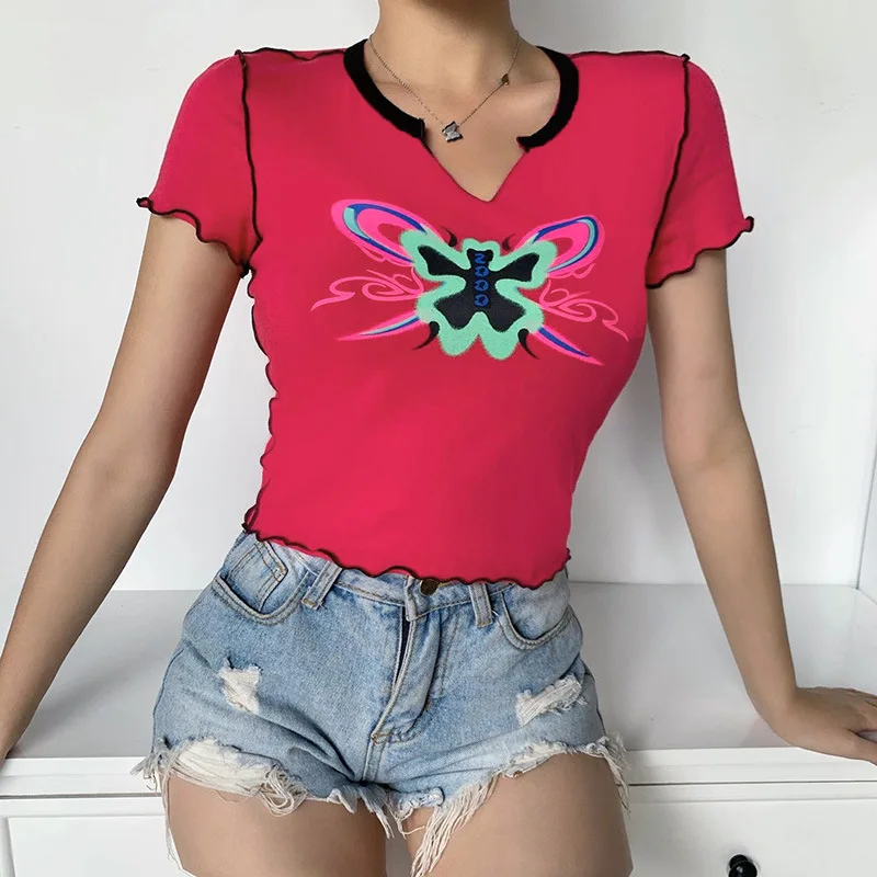 

Summer 2020 New Color Butterfly Print V Collared Open Umbilical Cord Fashion Girl Slim T-shirt Harajuku Streetwear Women Top