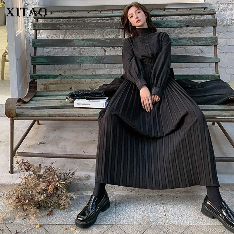 Женское платье водолазка XITAO винтажное плиссированное с высокой талией длинным