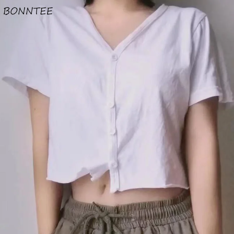 

T-shirts Women Korean Style Summer V-neck Cropped All-match Leisure Fashion Comfortable Feminine Solid Button Breathable Simple