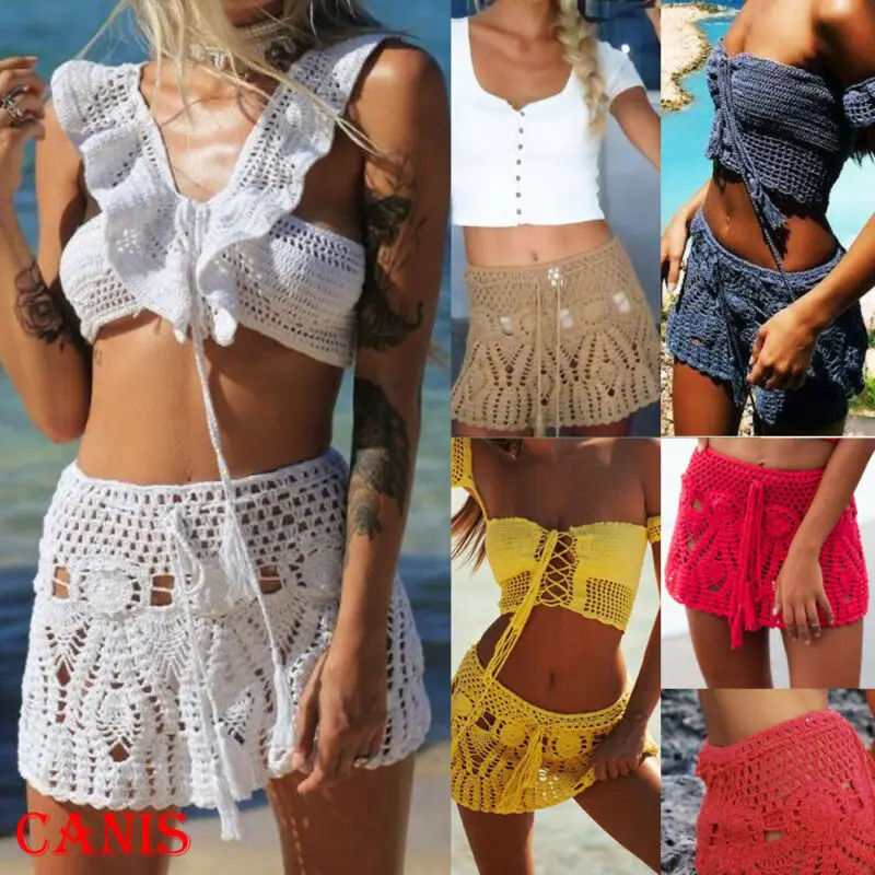 

Goocheer New Arrival Women Summer Beach Crochet Skirt Bikini Cover Up Bathing Suit Wrap High Waist Hollow Out Solid Skirt