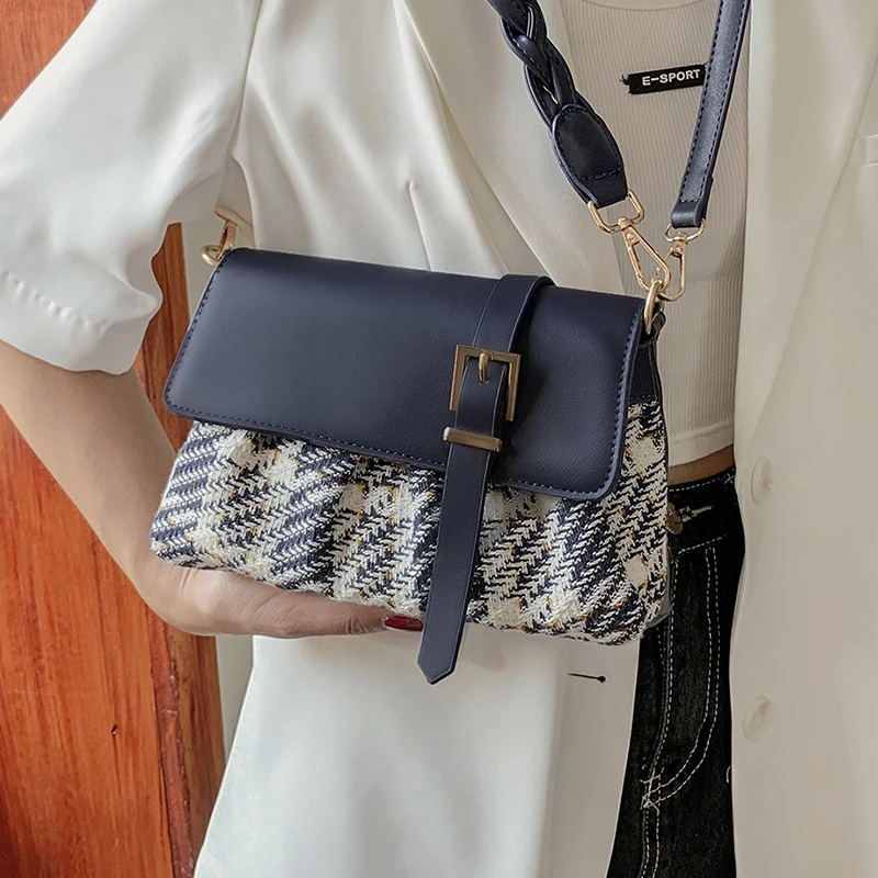 

Simple Small Women Crossbody Bags Casual Designer Tweed Messenger Bag Pure Color Flap Handbags Elegant Female Tote Shoulder Bags