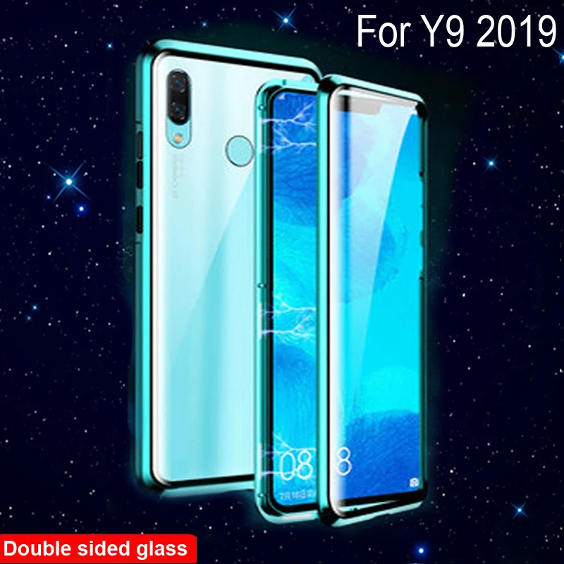 

Luxury Magnetic Adsorption Case For Huawei Y9 2019 Metal Frame Doubl Sided Glass Cover For Huawei Y 9 2019 Protective Phone Case