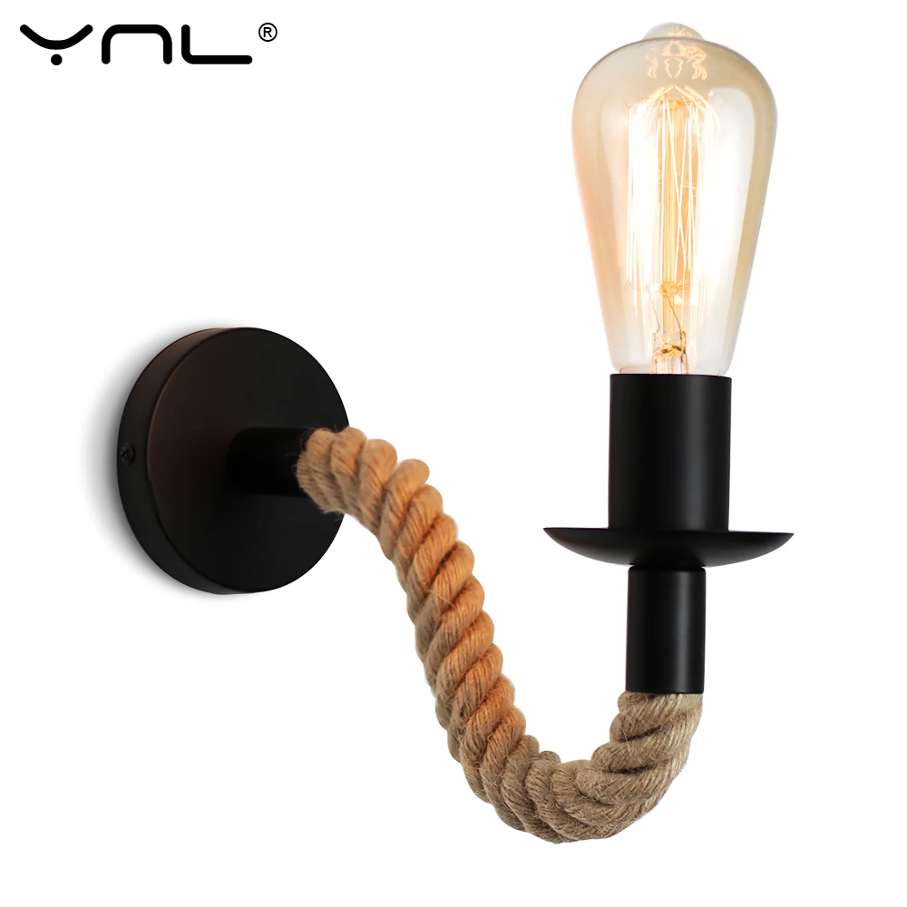 

American Hemp Rope Wall Lamp Vintage Sconce Wall Lights Fixture E27 Industrial Decor Bedroom Light Indoor Lighting Retro Lamp