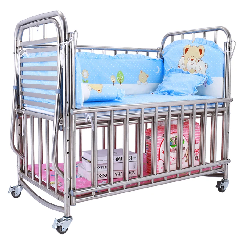 Stainless Steel Newborn Baby Crib With Adjustable Height, Can Extend Or Stitch Adult Bed, Multifunctional Rocking Cradle