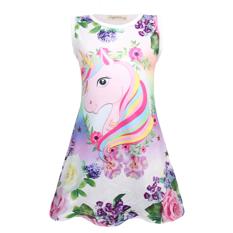 Summer Butterfly Girls Unicorn Dress Children Cartoon Floral Party Birthday Sleeveless Dresses Kids Baby Princess Clothes | Детская