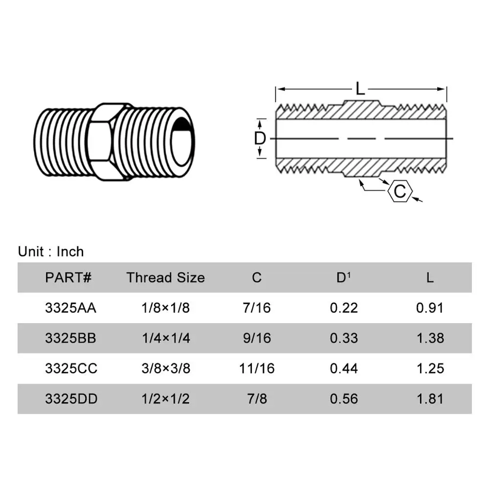 2pcs NPT Male Thread 1/8&quot 1/4&quot 3/8&quot 1/2&quot Brass Pipe Tube Fittings Straight Hex Nipple Joint(Model:3325) | Обустройство