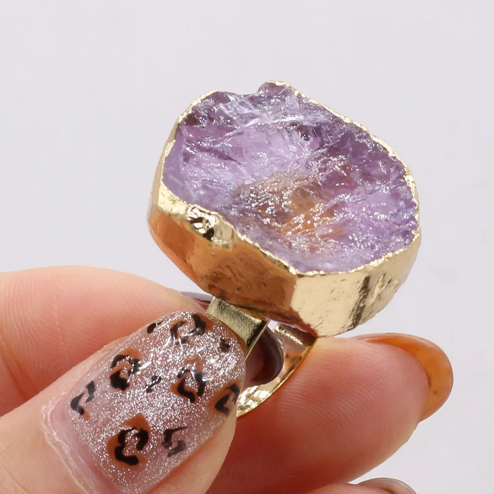 

Natural Stone Gem Ring Zinc Alloy Romantic Amethyst Rough Interface Adjustable Size Birthday Anniversary Party Exquisite Gift