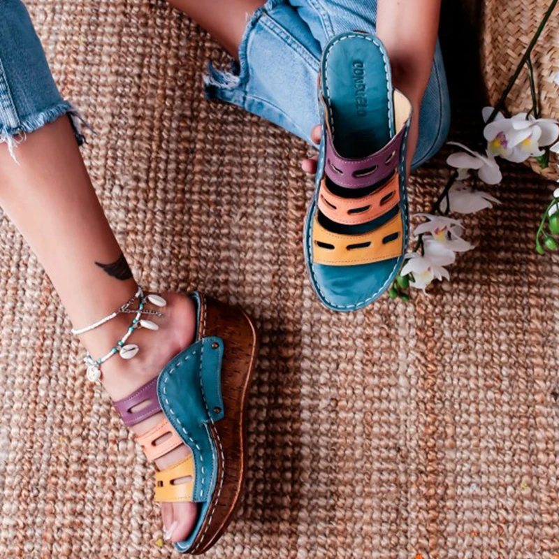 

Fashion Women Slippers Summer Slip On Sandals Shoes Casual Mixed Colors Soft Leather Slippers Female Retro Flip Flops Shoes 2020
