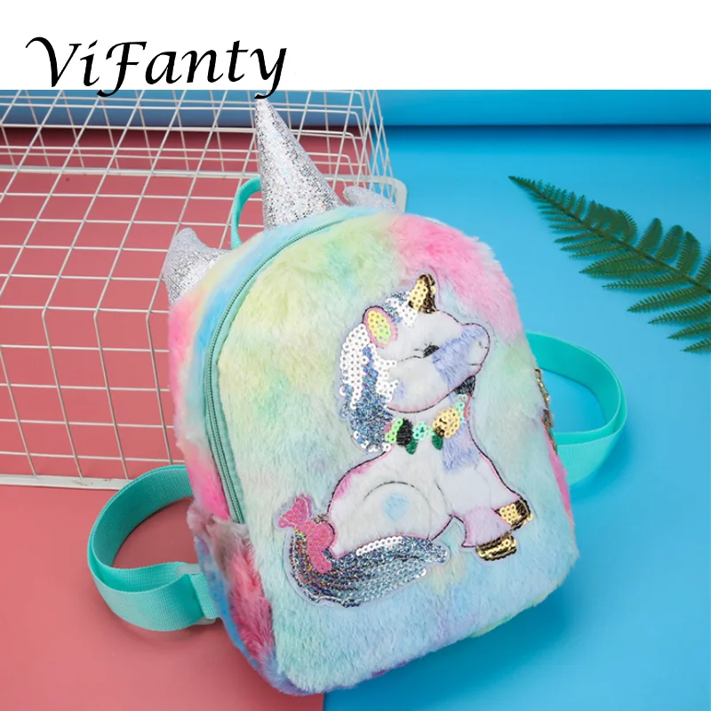 Детский Радужный плюшевый рюкзак с единорогом для девочек школьный бархатный