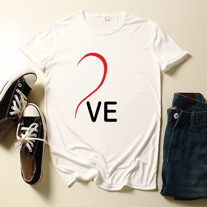

King Queen Couples T Shirt Splicing Heart Love Print Couple Tshirt Summer Woman T-shirt Casual O-Neck Tops Lovers Tee Shirt