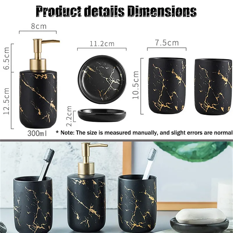 

Nordic Bathroom Accessories Set Marble Texture Toothbrush Cup Four Pieces Sets with Two Rinse Cup Soap Dish and Lotion Dispenser