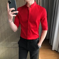 men shirts social boys slim summer printed and embroidered short sleeved for solid color fashion surprise price