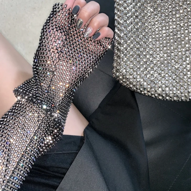 

Streetwear Rhinestone Diamond Embellished Summer Fake two-piece suit Jacket For Women Long Sleeve Female Fashion Outwear