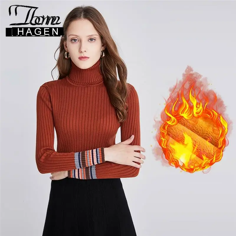 Winter Women's Sweater Korean Knitted High Neck Striped Warm Long Sleeve Black Pullover Turtleneck Velvet Thicken Jumper | Женская