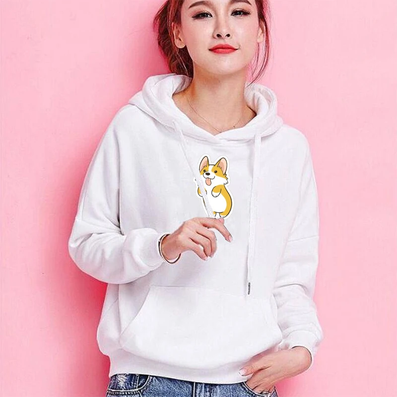 Собака корги печати толстовки Kawaii женские с длинным рукавом Твердые капюшоном