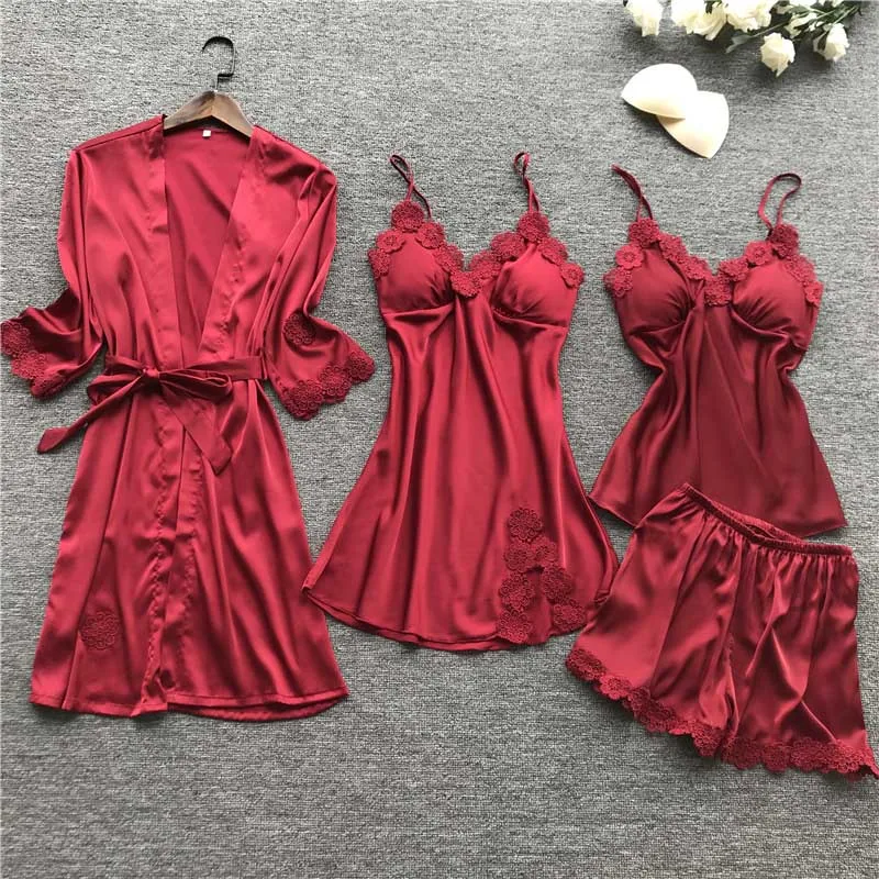 Red Женский пижамный комплект из 4 предметов, атласные шелковые кружевные пижамы, сексуальная одежда для сна, Повседневная Домашняя одежда, осенняя одежда для сна, пижамы с v-образным вырезом, домашний костюм - Цвет: Red