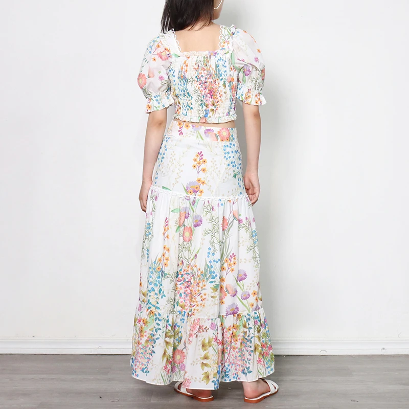 

Summer Print Floral Set For Women Square Collar Puff Sleeve Shirt High Waist Maxi Skirts Hit Color Sets Female New
