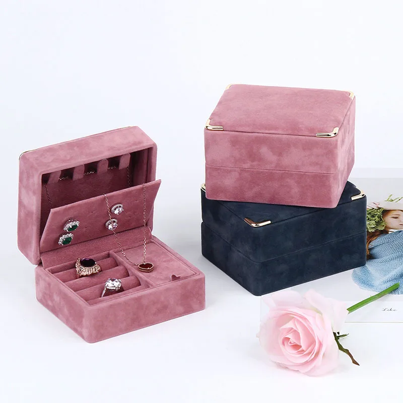 

New boutique jewelry storage box, portable multifunctional jewelry box, high-grade flannel jewelry box, two-color optional