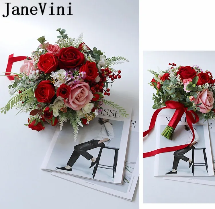Искусственный Свадебный букет jaevini Flores Boda красный цветок для невесты розовые