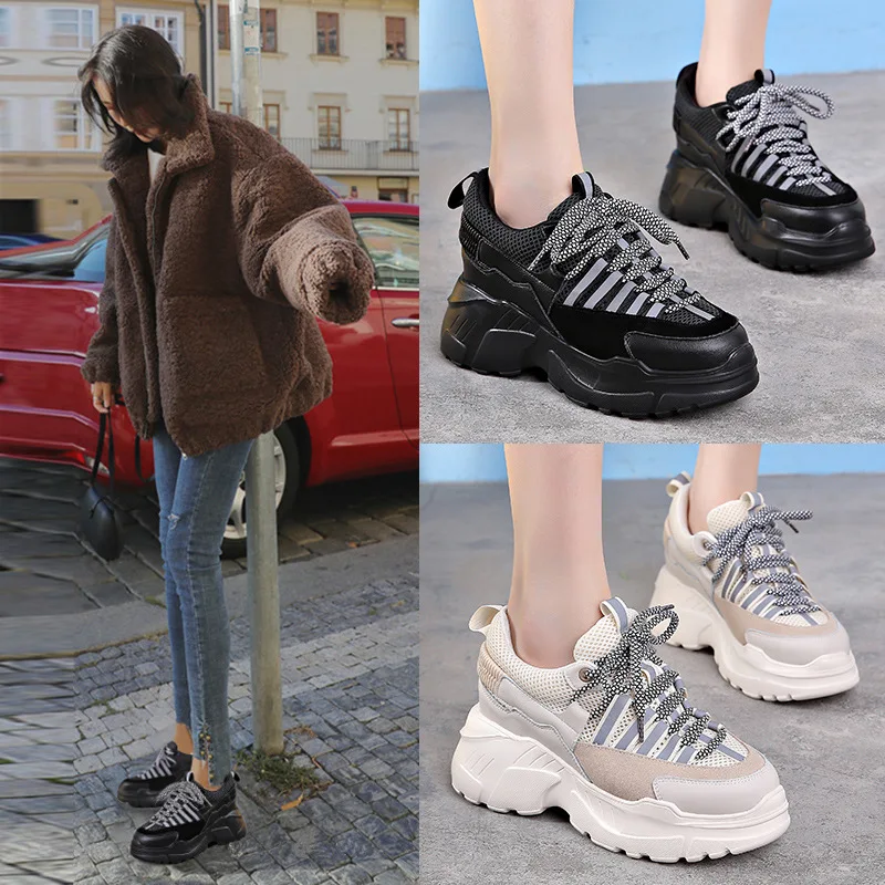 High quality autumn sports shoes women thick bottom Korean version of sponge cake increased leather female running ZZ-229 | Спорт и