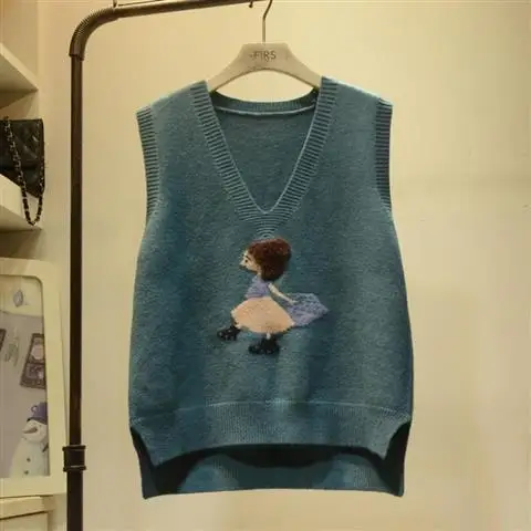 

Women Spring New Korean Style Cartoon Knitted Vests Female Fashion Sleeveless V-neck Sweaters Ladies Casual Pullovers Z97