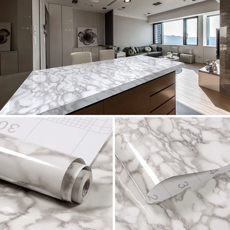 

White marble self-adhesive wallpaper Kitchen Cabinet Desktop Decoration Sticker Luxury stone peel and stick wallpaper
