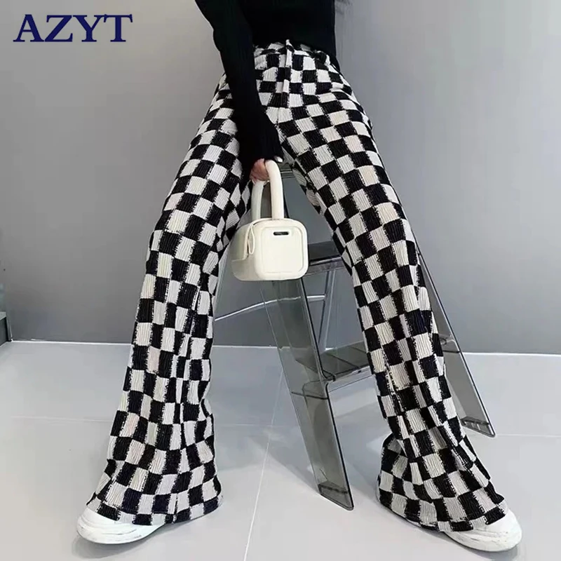 

Женские вельветовые брюки AZYT, клетчатые широкие брюки с высокой талией в стиле Харадзюку, свободные брюки-клеш в Корейском стиле, зима 2021