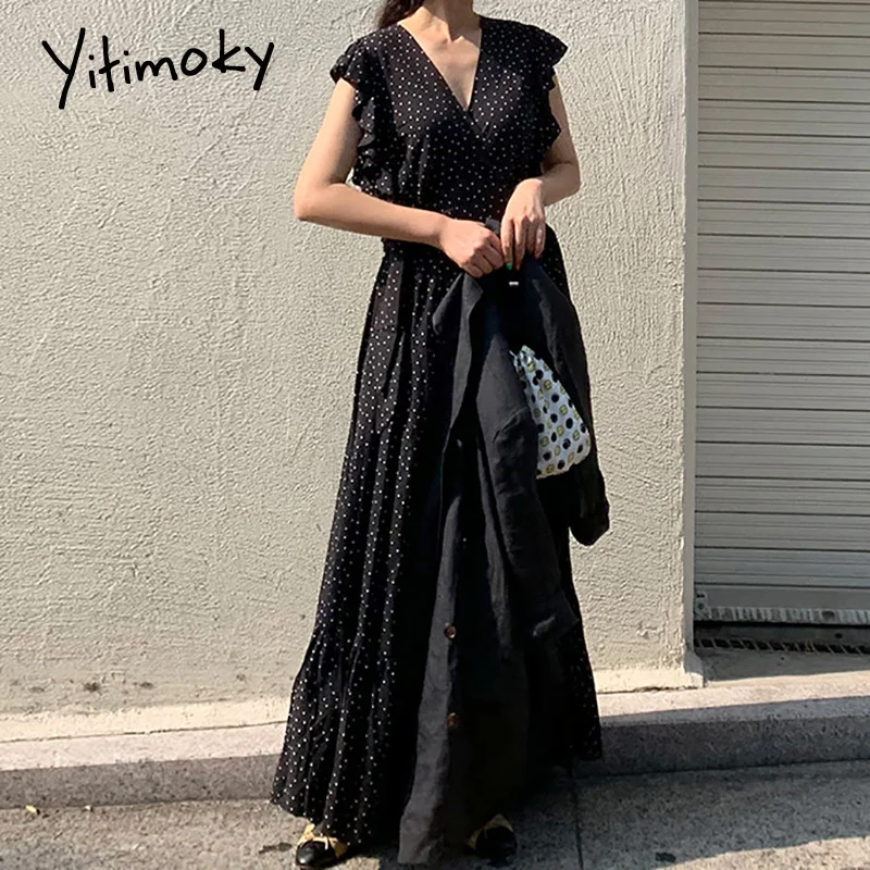 

Yitimoky Polka Dot Long Tank Dresses for Women Summer 2021 Elegant Sleeveless V-Neck A-Line Ruffles Fashion Vintage Dress Black