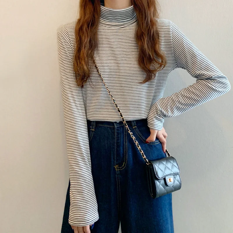 Полосатая рубашка с высоким воротником, Женский весенне-осенне-зимний плюшевый теплый топ, новинка 2021, облегающая футболка с длинным рукаво...