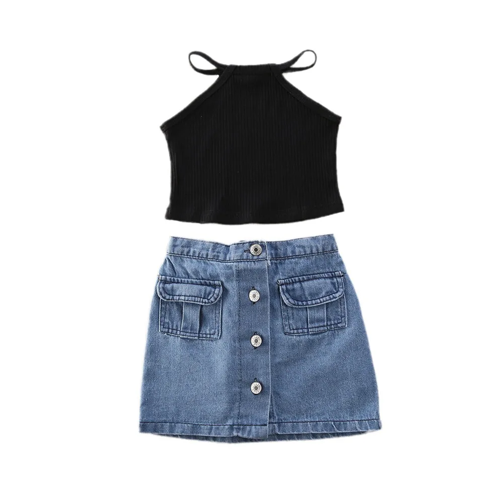 

2020 New Sale Toddler Kids Baby Fashion Outfits Clothes Set Black Vest Tank Top & Denim Mini Skirts 2PCS Outfit 1-6Y