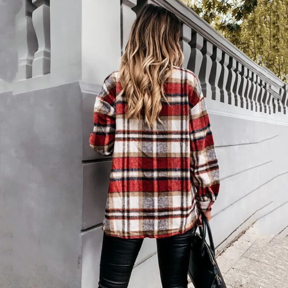 

Women's Clothes Autumn Winter Long-sleeved Plaid Jacket Shirt Jacket Women Fashion Lapel Single Breasted Cardigan Jackets Coats