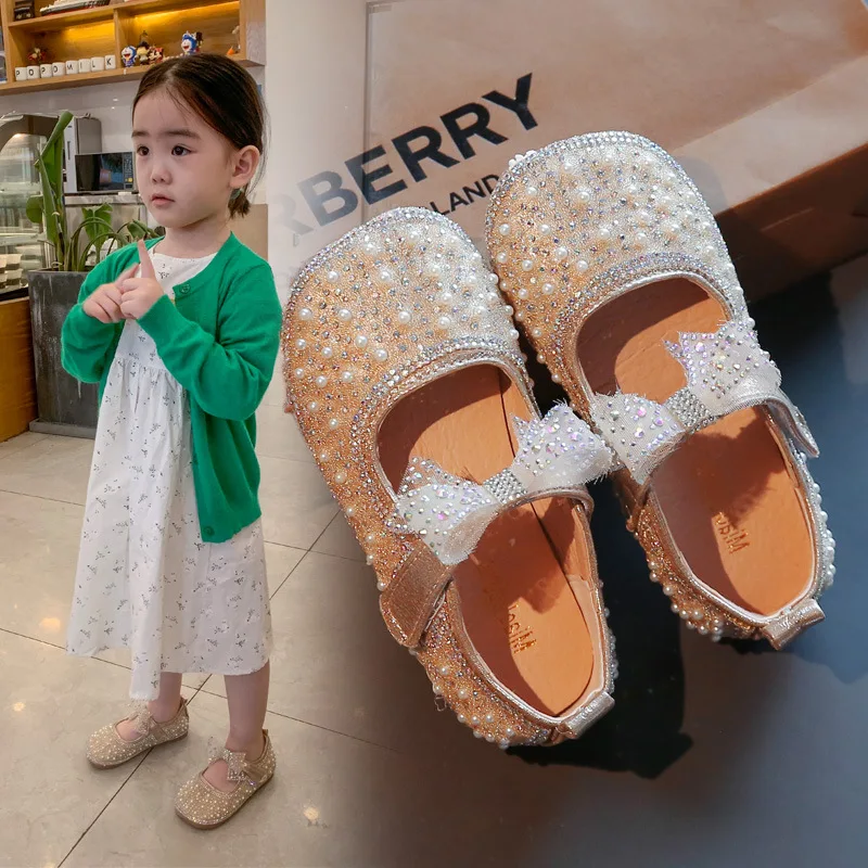 

Princess children's leather shoes, girls' flowers, casual sequins, children's high heels, girls' shoes, pearl bows