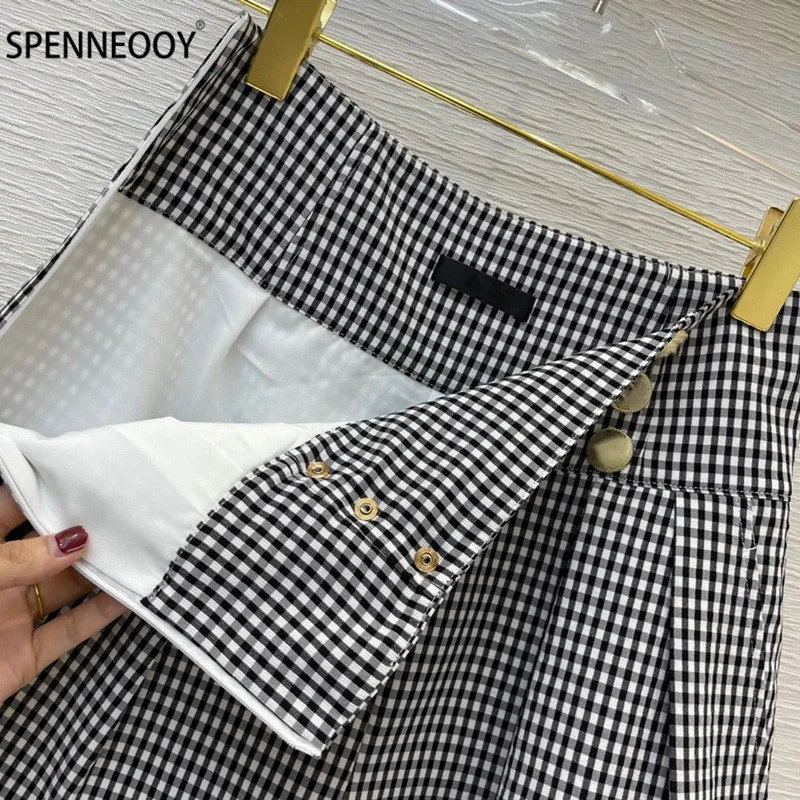 SPENNYMOOR 2021Designer Brand Summer Plaid Shorts Women Fashion Double Breasted High Waist Shorts