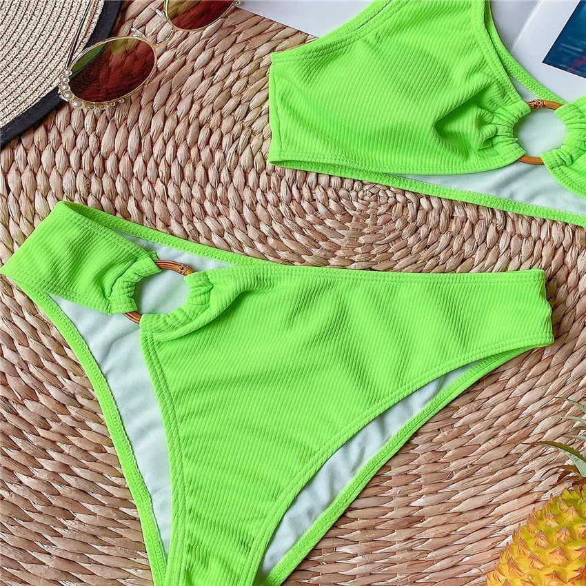 

2021 New Sexy Asymmetrical Mid Waist Bikini Female Swimsuit Women Swimwear Two-pieces Bikini set Metal Bather Bathing Suit Swim