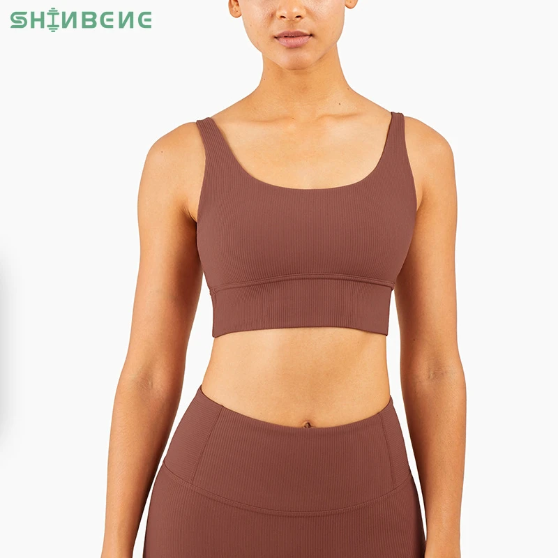 

SHINBENE RIBBED Naked Feel Gym Workout Sports Bras Top Women Padded Vest-Type Push Up Fitness Training Yoga Brassiere S-XL