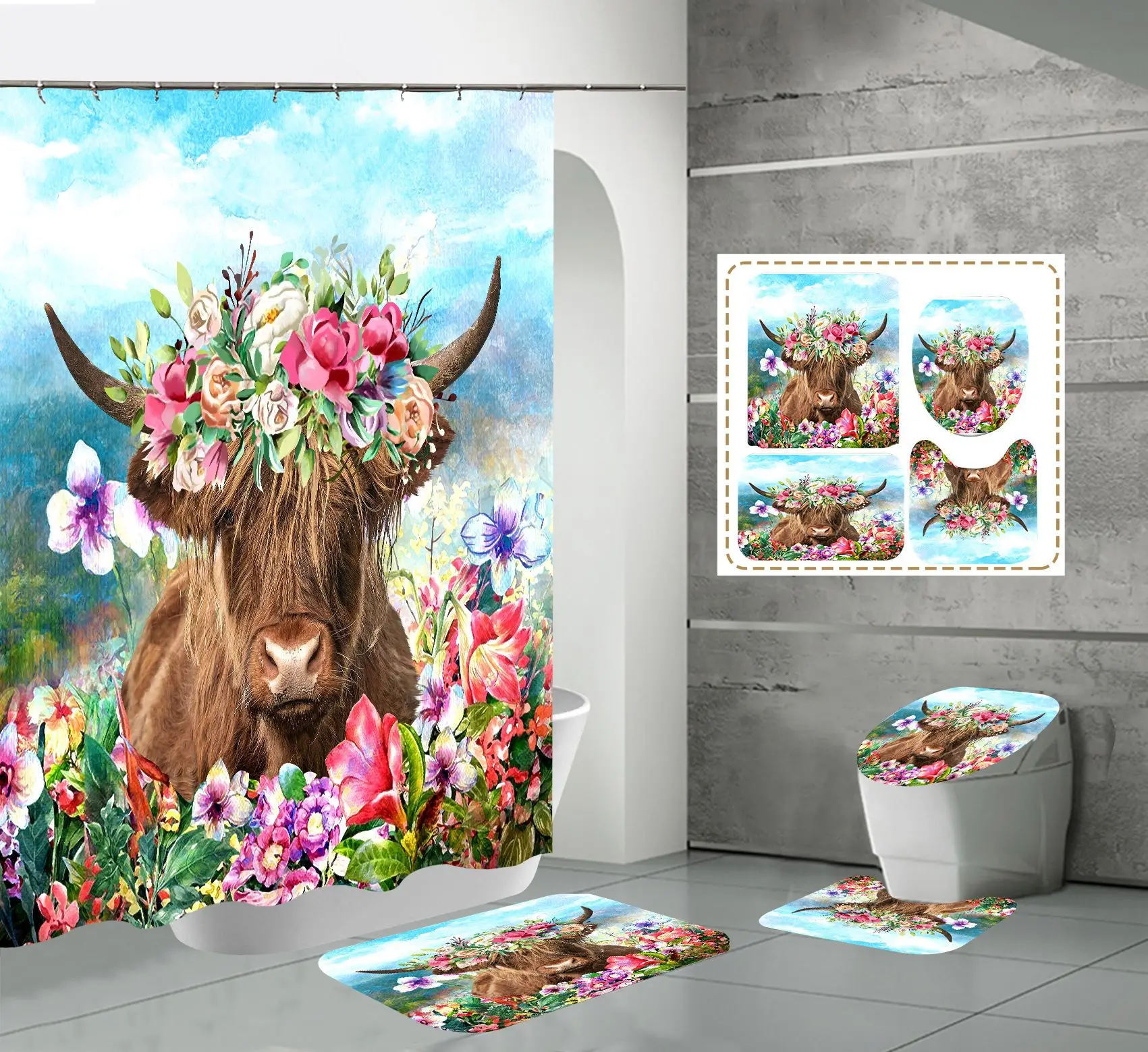 

Niuniu Shower Curtain Funny Animal Bathroom Set Polyester Waterproof Non-Slip Home Decoration Bathroom Curtains Toilet Carpet