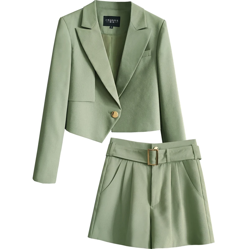 Bright silk fashion suit women's early autumn 2021 new slim versatile ultra short jacket shorts two piece set fashionable 2103