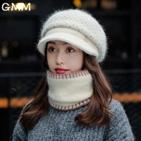 winter women rabbit hair dot knitted hat scarf 2pcs sets female warm skullies beanies hats with brim elegant ladies scarf cap