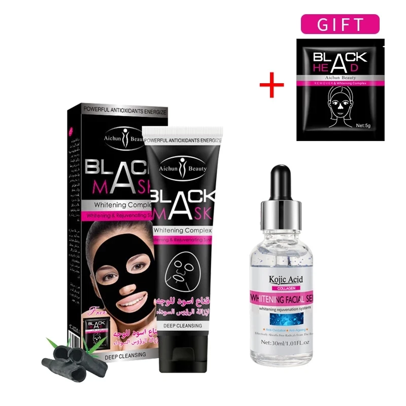 

2PCS/SET Black Mask Strawberry Nose Blackheads Enlarged Pores Oily Facial Whitening Serum Acid Collagen Essence