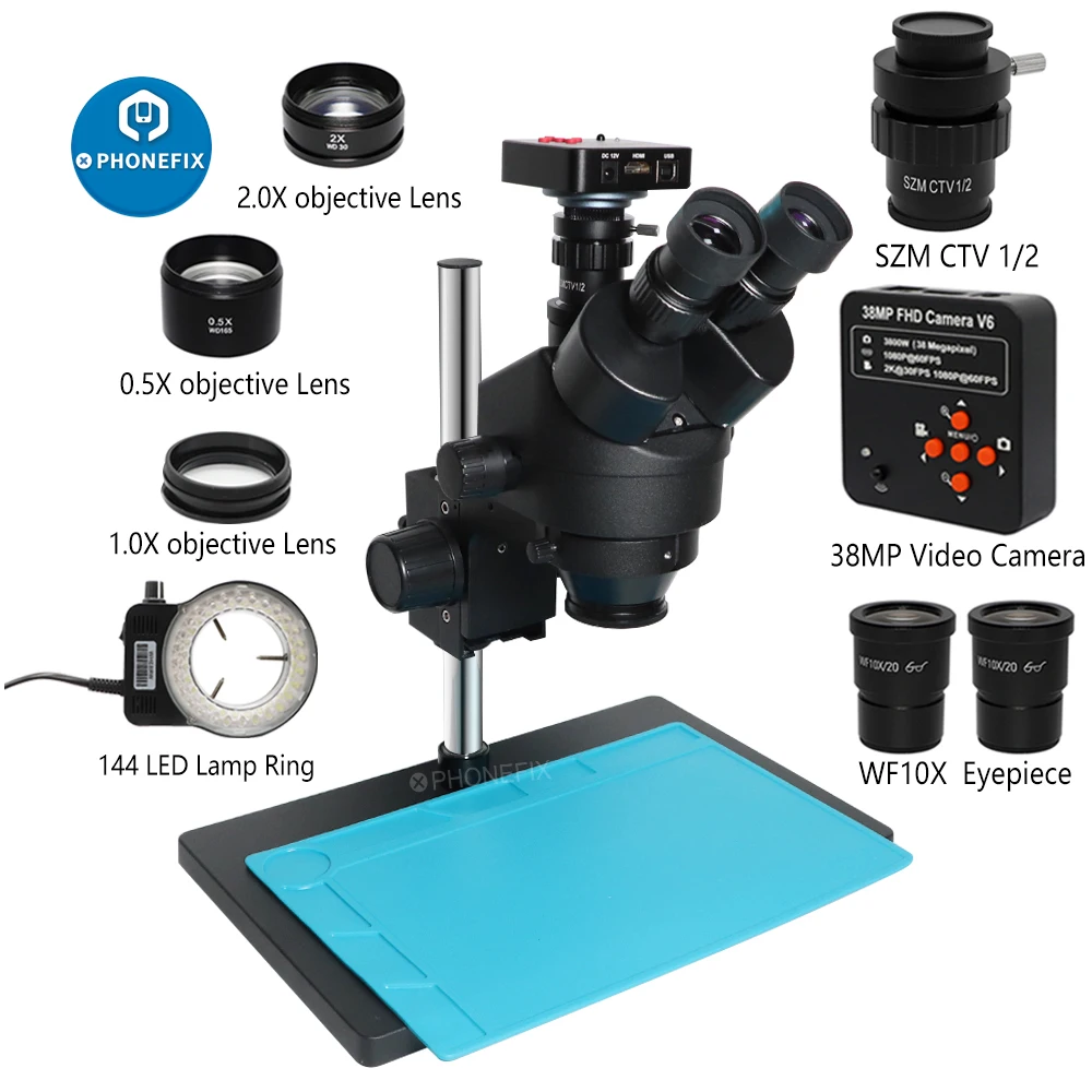

Professional Lab Trinocular Stereo Microscope 3.5x-90x 38MP USB HDMI VAG Digital Camera 144 LED illumination PCB Jewelry Repair