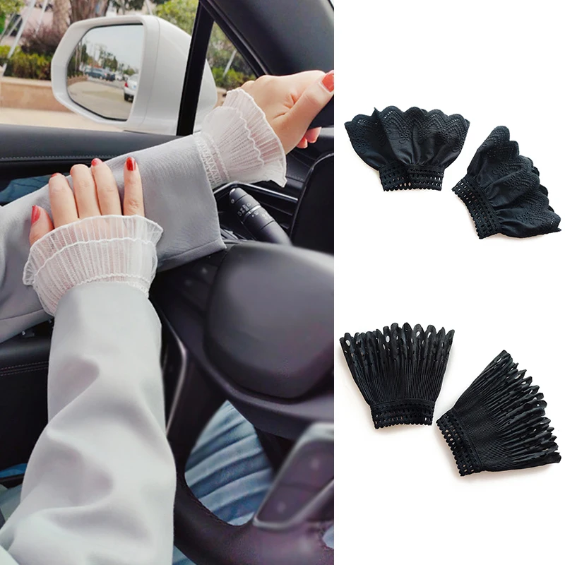 

Womens Pleated Ruffles Horn Cuffs Autumn Winter Wild Sweater Decorative Floral Lace Fake Sleeves Female New Wrist Warmers 2021