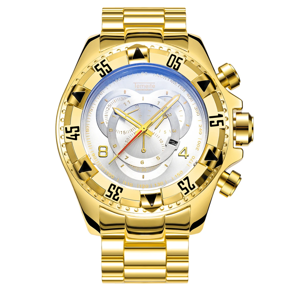 GOLD SILVER TEMEITE модные негабаритные кварцевые часы мужские военные мужские s часы лучший бренд класса люкс стальной ремешок дисплей с датой аналоговый синий наручные часы - Цвет: GOLD SILVER