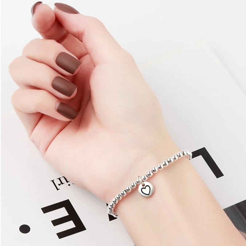 

2021 Simple European Style Fashion Bracelet Heart Shape Design Ball Hand Chains Elastic Metal Bijoux Femme Christmas Gifts