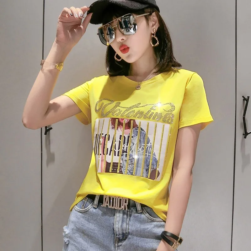 Женская футболка с бриллиантами летняя облегающая из 100% хлопка коротким рукавом