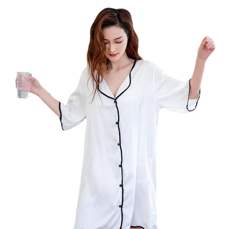 

Women Nightgown Sexy Sleepshirt Button-Down Summer Nightdress Lapel Summer Dressing Gown Thin Nightshirt Satin Intimate Lingerie