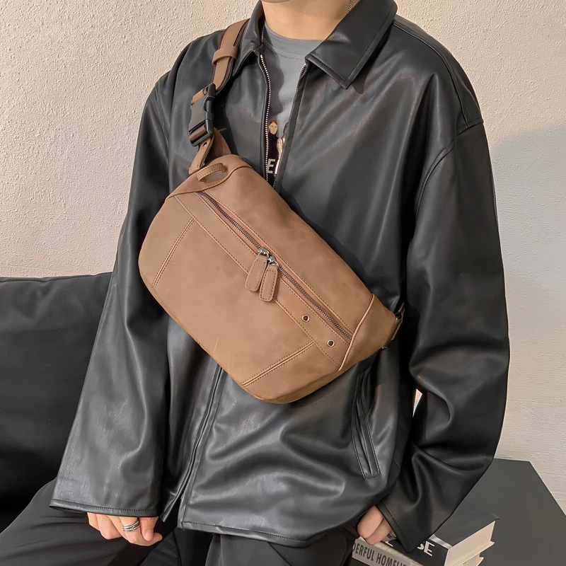 

Retro Casual Men's Fanny Pack Brand Street Large Capacity Leather PU Chest Bag Women Sling Shoulder Crossbody Phone Bum Bags