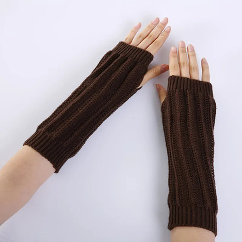 

Unisex Winter Knitted Half Finger Gloves Wool Warm Wrist Arm Cover Solid Color Fingerless Long Mittens With Thumble Hole