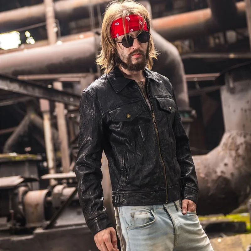 Итальянская винтажная Осенняя мужская куртка из 100% натуральной кожи с карманами