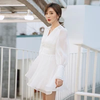 yigelila white new fashion solid dress lantern sleeves empire slim a line dress above knee with button party dress 65331