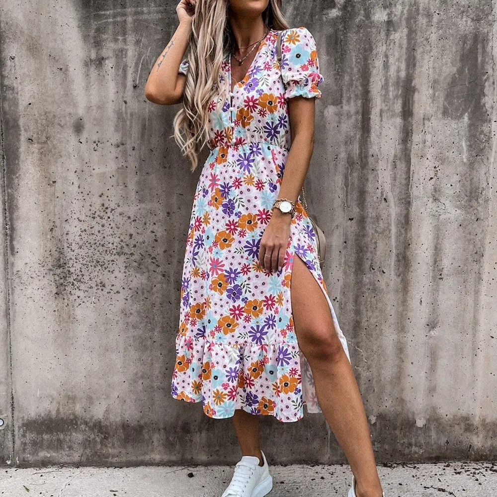 

Summer New arrival Floral Pattern Slim Dress Casual Short Sleeve High Waist Dresses Female Sexy V-Neck Outdoor Colorful Dresses